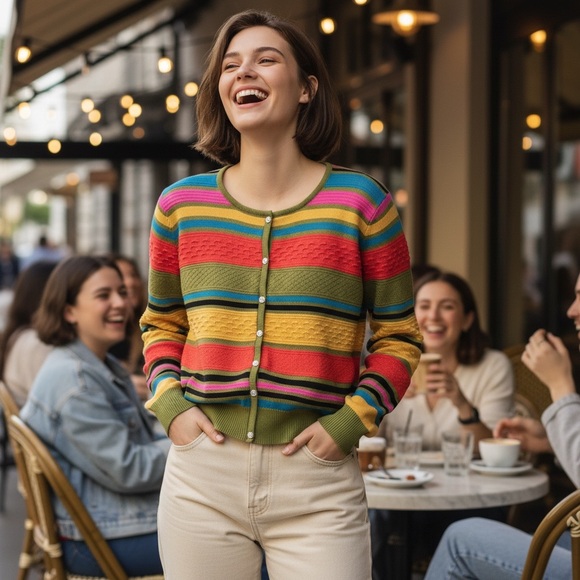 Sweaters - Multicolor Fun Rainbow Striped Women's Pullover Cardigan w/Faux Crystal Buttons